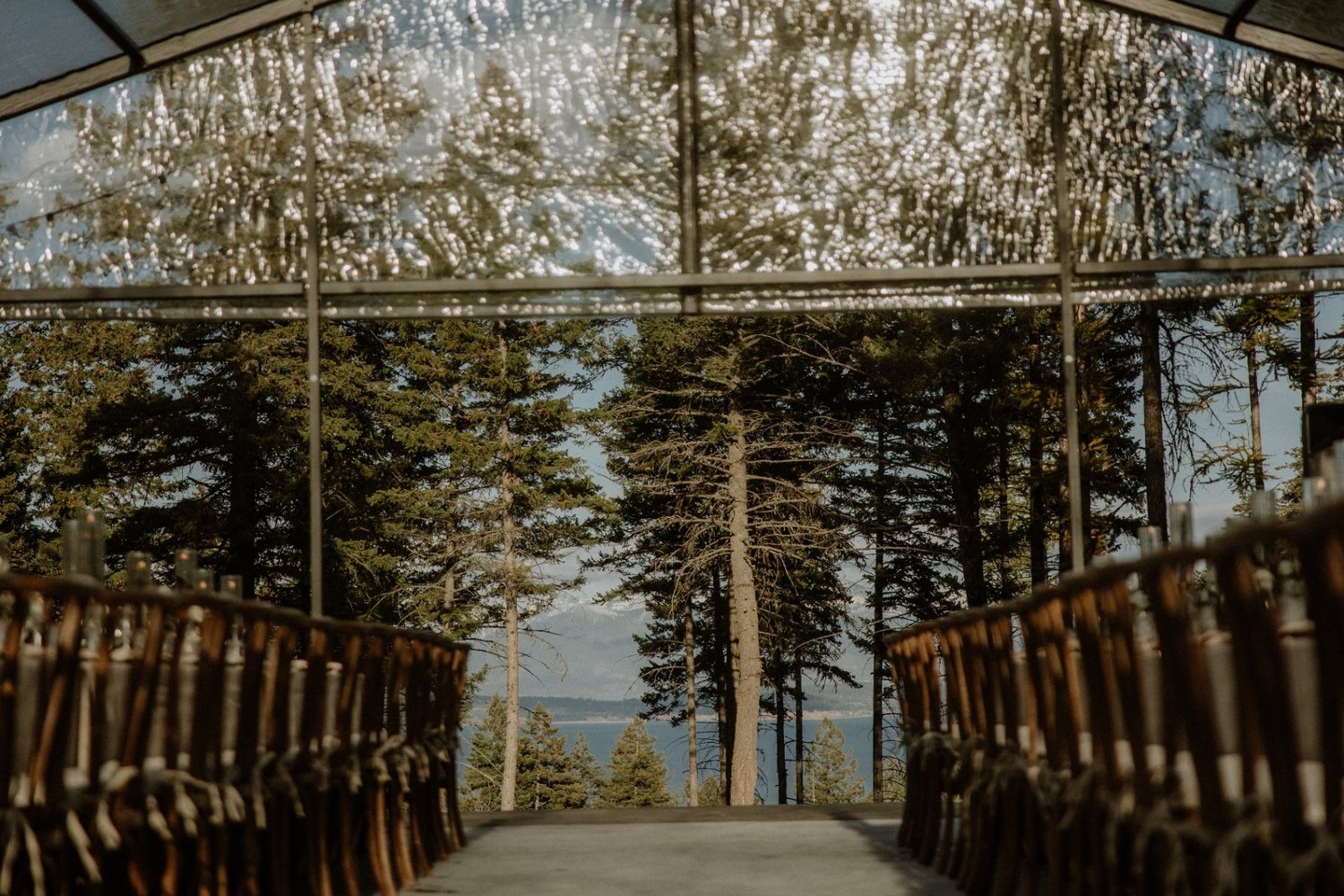 Ceremony aisle set with chairs looking toward the forest
