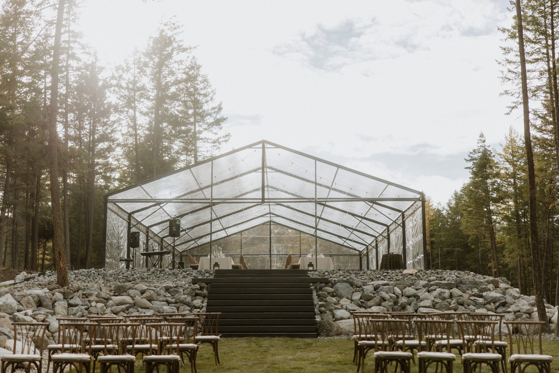 The 3,200 square foot reception and event center set up for an evening event