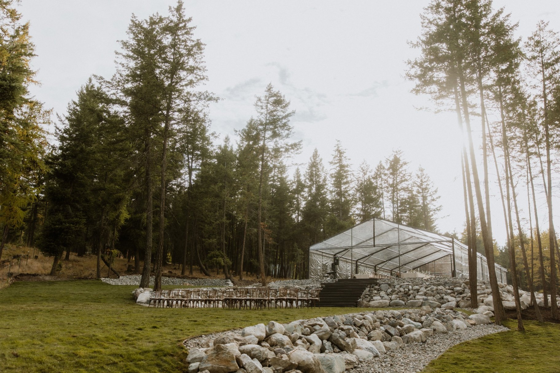 Wide view of the event lawn and reception tent at the estate